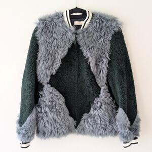 Tory Burch Lamb Leather Green Teddy Faux Fur Bomber Full Zip Jacket, size M